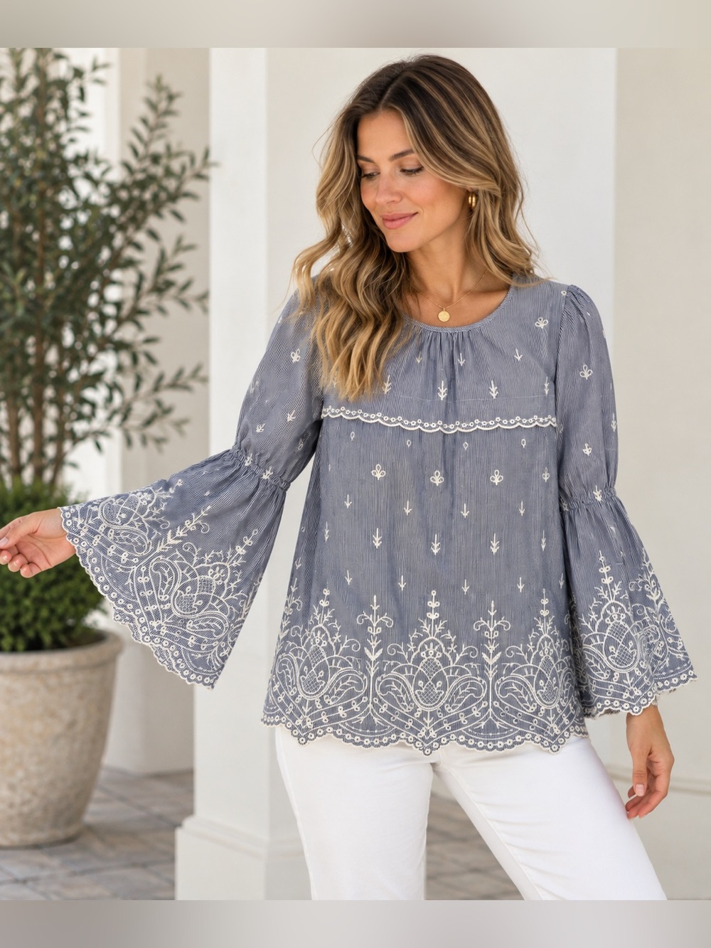 J.Crew Blue White Striped Embroidered Bell Sleeve Blouse XS